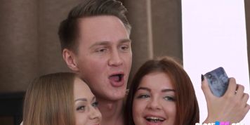Two horny teens love to share cock in threesome