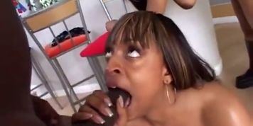 These two sexy black babes with big asses get fucked by two ebony cocks
