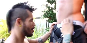 Muscular black hunk cocksucked by mohawk stud