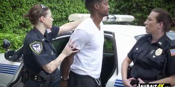 Policewomen take suspect to a lonely alley and make him bang them hard