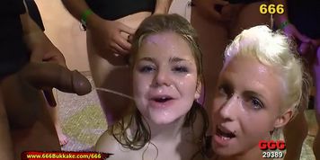 Extreme pissing action and cum for two young curious babes - 666Bukkake