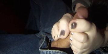 skinny teen gives footjob in socks then strips them off