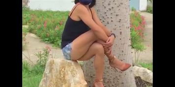 GREATMUSCLE LEGS AND CALVES IN DENIM BOOTY SHORTS AND HIGH HEELS TEASING AND SHOWING OFF