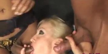 Busty tranny sharing males dick with milf