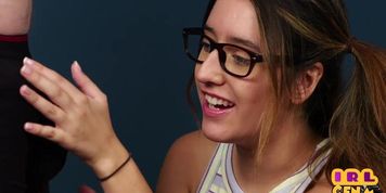 CFNM amateur 21yo with glasses sucking and jerking cock
