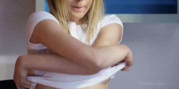 Femjoy: Stunning all Natural Blonde strips naked