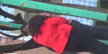 fat girl gives hj untill he cums in street