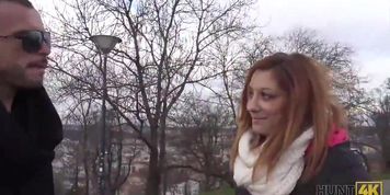 HUNT4K&period; Redhead fucked for money in front of her bf