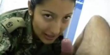 Asian horny female soldier sucking and swallow