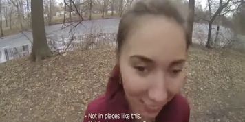 Cute face russian teen in boots pickup outdoors with BJ and screw in public