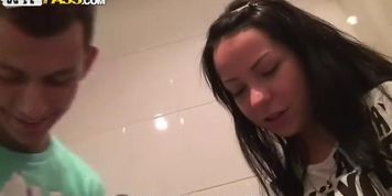Whorish chick is giving a head in a toilet