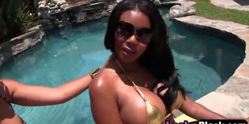 Busty ebony lesbians poolside pussy eating