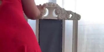 Latina in red lingerie dances and masturbates