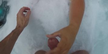 Working husband's dick in hot tub and rewarded with big thick cum load (Nipple Play)