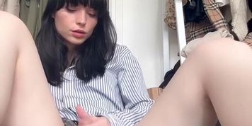 Cute Brunette Partially Dressed Tranny Stroking Her Cock And Cumming