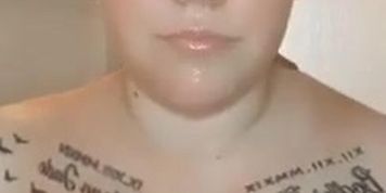 Sexy blonde girl with huge tits, playing with them in hot shower