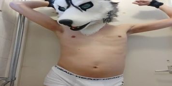 Bound pup holding his pee
