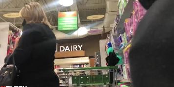white milf looks at bulge twice