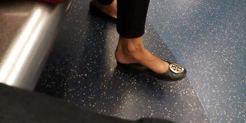 Preview - Blonde girl shoeplay and dangling on train(Candid)