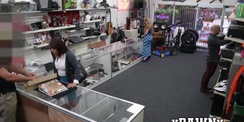 Big breasted MILF doggystyled in the pawnshop for cash