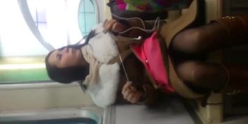 flashing and cumshot for sexy teen girl in stockings at subway car