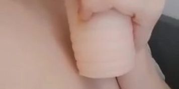 Big lips of sexy blondy with small boobs sucks huge facke vagina