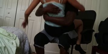 wife rides husband black dick on a chair
