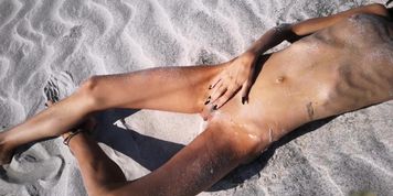Stranger finds a perfect tanned petite brunette on a nudist beach and gives her a hot piss 
