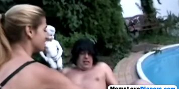 Rough strap-on fucking with a brunette stepmom and her adult stepson