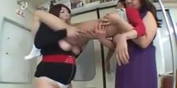 2 tall Asian bbws lift and play with short man