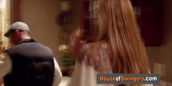 Sexy swinger female is getting her partner's cock rough with this sexy lap dance.