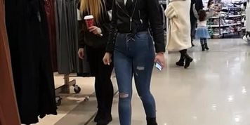 Candid Jeans blonde Leatherjacket walking shopping