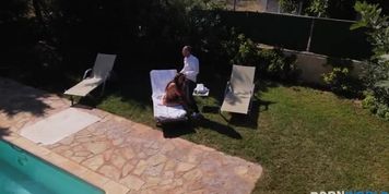 Neighbor sees masturbating girl and fucks her outdoors