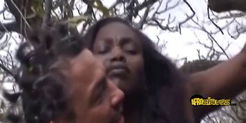 Hot ebony teen blowing cock outdoors