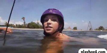 Curvy badass babes enjoyed wake boarding while all naked