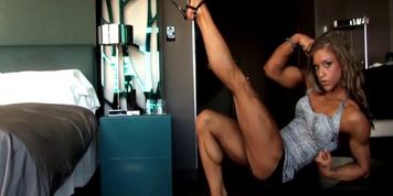 Muscle girl flexing legs and biceps