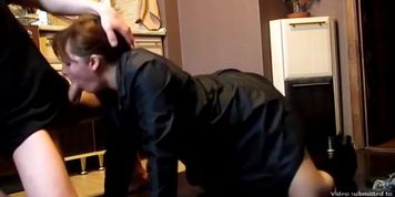 Real housewife giving a hot blowjob in the kitchen