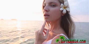 Hot blond girlfriend gets aroused by the beach and gives her lucky man a blowjob