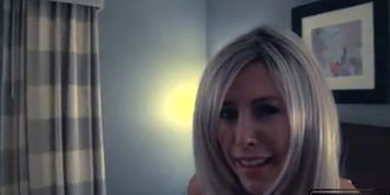 Hot blonde with big tits fucked and swallows in a hotel