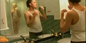 Son's friend enters bathroom when mom is in shower