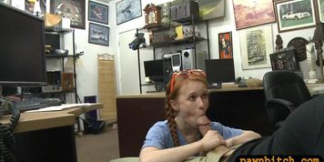 Braid redhair teen sucks off and boned at the pawnshop