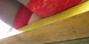 Black stockings with red tops upskirt