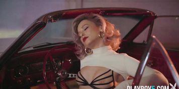 Petite blonde MILF with ass Polina striptease on top of a car