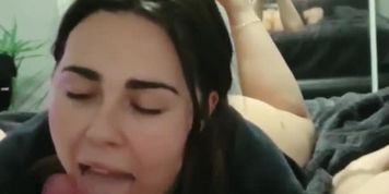 Stunning brunette teen gives Revenge blowjob & footjob 