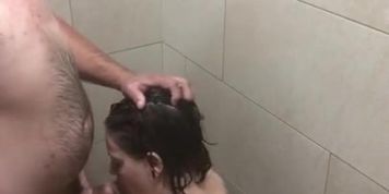 Short stuff gets fucked in the shower and chokes on lumberjacks massive dick!