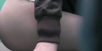 Nice ass blonde secretly filmed in public portable toilet