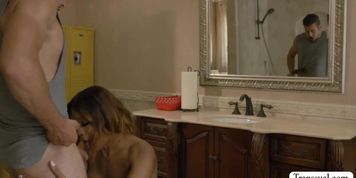 Ebony TS gets bareback fucked by pervert dude in locker room