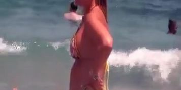 sexy mature thong bikini with NOT her daughter on beach 2014