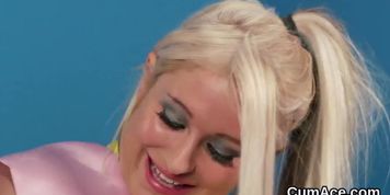 Wacky doll gets cumshot on her face eating all the jism