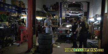 Shop owner gets his big fat cock sucked by two milf cops